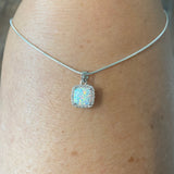 Sterling Silver Square White Lab Opal and Clear CZ Necklace, Silver Necklaces, Opal Necklace