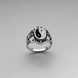 Sterling Silver Large Yin and Yang Ring with Flower, Yoga Rings, Boho Ring, Statement Ring