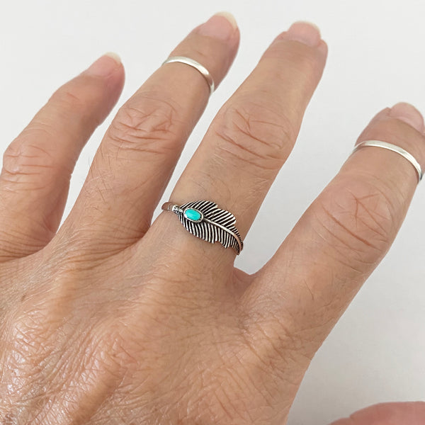 Sterling Silver Feather Ring with Synthetic Turquoise, Boho Ring, Silver Ring