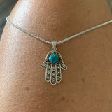 Sterling Silver Chrysocolla Hamsa Necklace, Silver Chain, Hand Of God Necklaces