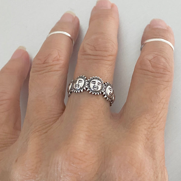 Sterling Silver Sunny Faces Ring, Sunshine Ring, Silver Ring, Sun Ring, Boho Ring