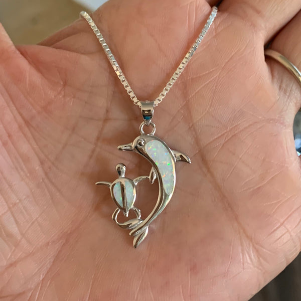 Sterling Silver White Lab Opal Dolphin and Turtle Necklace, Silver Necklaces, Ocean Necklace