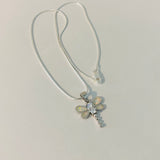 Sterling Silver White Lab Opal and Clear CZ Dragonfly Necklace, Silver Necklace, Happiness Necklace, Boho Necklace