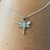 Sterling Silver White Lab Opal and Clear CZ Dragonfly Necklace, Silver Necklace, Happiness Necklace, Boho Necklace