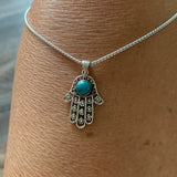 Sterling Silver Chrysocolla Hamsa Necklace, Silver Chain, Hand Of God Necklaces