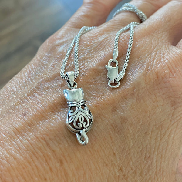 Sterling Silver Filigree Cat Necklace, Silver Chain, Kitty Necklaces, Animal Chains, Kitten