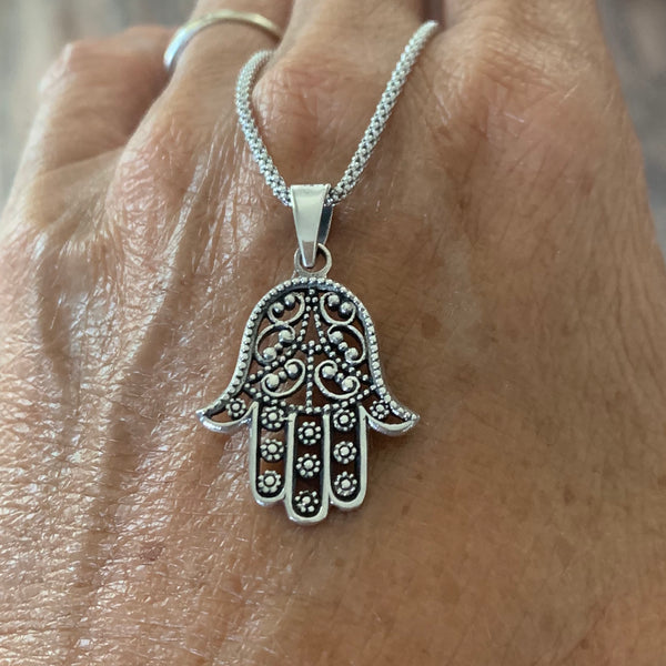 Sterling Silver Flower Hamsa Necklace, Silver Chain, Hand Of God Necklaces, Hand of Fatima