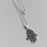 Sterling Silver Flower Hamsa Necklace, Silver Chain, Hand Of God Necklaces, Hand of Fatima