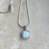 Sterling Silver Square White Lab Opal and Clear CZ Necklace, Silver Necklaces, Opal Necklace