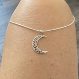 Sterling Silver Large Crescent Moon Heart Necklace, Silver Chain, Celestial Necklaces, Hearts