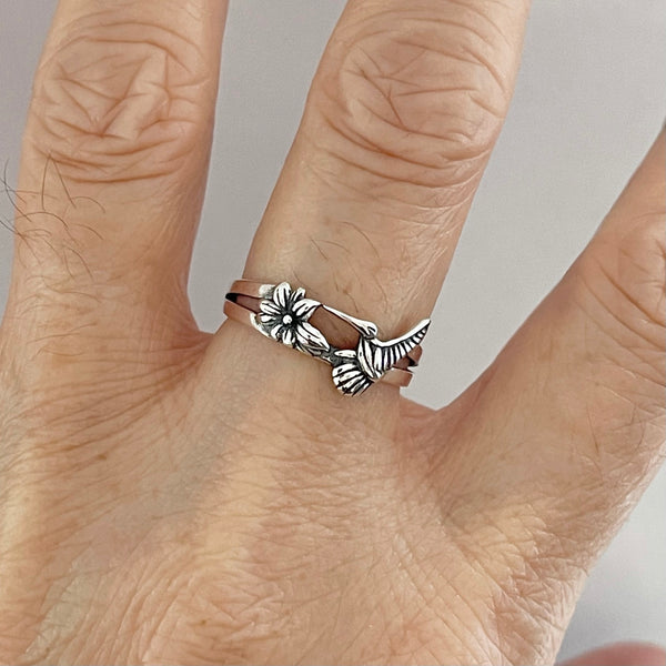 Sterling Silver Flower and Hummingbird Ring, Bird Rings, Spirit Animal Jewelry