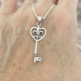 Sterling Silver Key Heart Fleur De Lis Necklace, Silver Chain, Saints, France, Lily Flower Necklaces