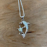 Sterling Silver White Lab Opal Dolphin and Turtle Necklace, Silver Necklaces, Ocean Necklace