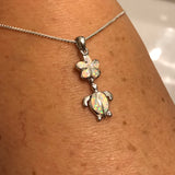 Sterling Silver White Lab Opal Turtle and Plumeria Necklace, Silver Necklaces, Flower Necklace, Hawaii Necklace