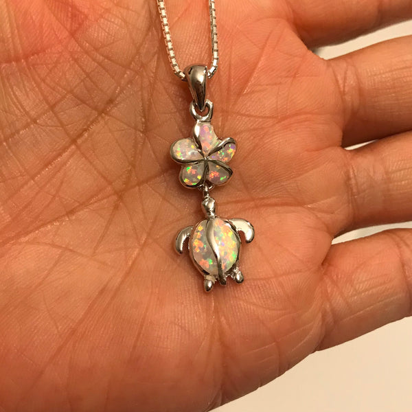 Sterling Silver White Lab Opal Turtle and Plumeria Necklace, Silver Necklaces, Flower Necklace, Hawaii Necklace