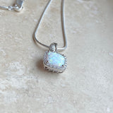 Sterling Silver Square White Lab Opal and Clear CZ Necklace, Silver Necklaces, Opal Necklace