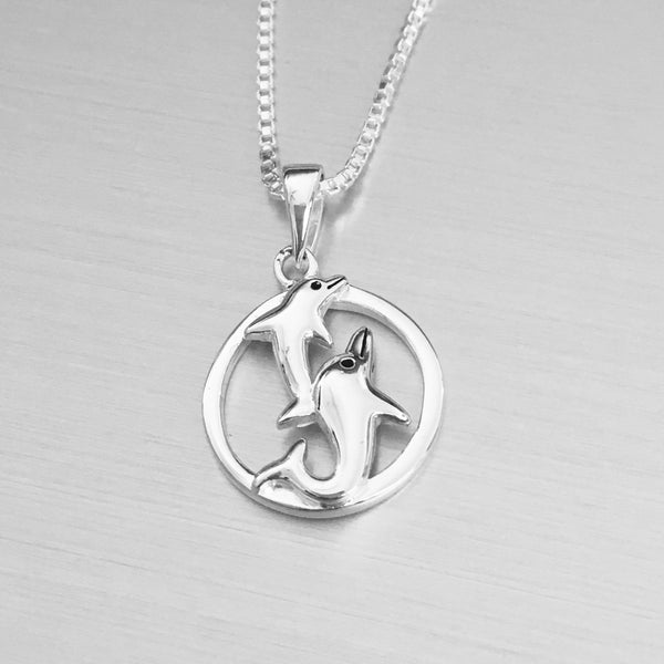 Sterling Silver Playing Dolphins Necklace, Silver Necklace, Fish Necklace
