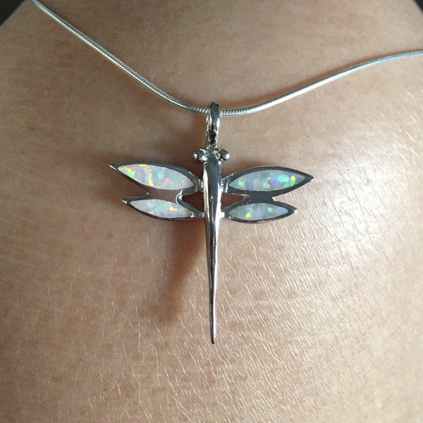 Sterling Silver Large White Lab Opal Dragonfly Necklace, Silver Necklace, Opal Necklace, Spiritual Necklace