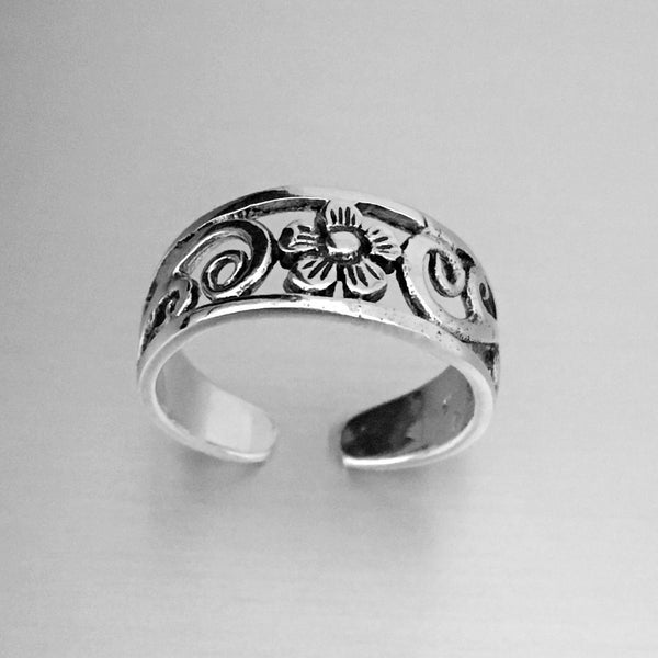 Sterling Silver Adjustable Flower and Swirl Toe Ring, Boho Ring, Silver  Ring, Flower Ring