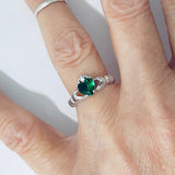 Sterling Silver Emerald CZ Heart Claddagh Ring, Friendship Rings, May Birthstone Jewelry