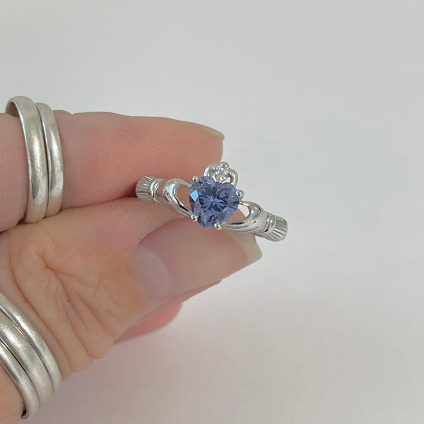 Sterling Silver Tanzanite CZ Heart Claddagh Ring, Irish Rings, Friendship Jewelry