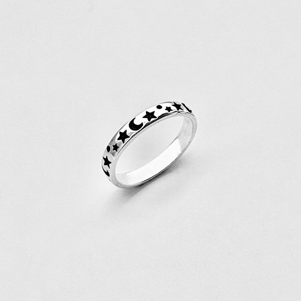 Sterling Silver Moon & Star Band Ring | Celestial Stackable Wedding Rings