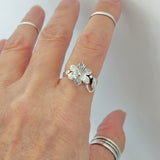 Sterling Silver Plumeria Flower with Leaf Ring, Silver Rings, Statement Jewelry