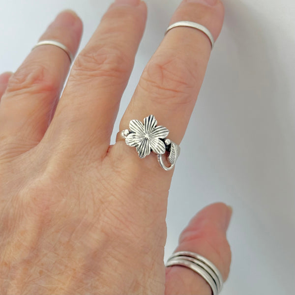 Sterling Silver Plumeria Flower with Leaf Ring, Silver Rings, Statement Jewelry
