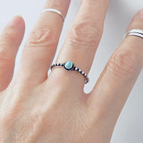 925 Sterling Silver Little Turquoise Ring With Beaded Band | Dainty Boho Stone Silver Rings