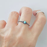 925 Sterling Silver Little Turquoise Ring With Beaded Band | Dainty Boho Stone Silver Rings