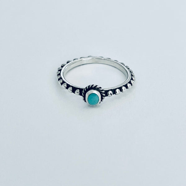 925 Sterling Silver Little Turquoise Ring With Beaded Band | Dainty Boho Stone Silver Rings