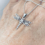 Sterling Silver Filigree Dragonfly Necklace, Silver Chain, Spirit Bugs, Insect Jewelry