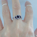 925 Sterling Silver Round Black Onyx Ring With Leaf | Boho Healing Stone Silver Rings