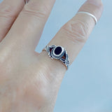 925 Sterling Silver Round Black Onyx Ring With Leaf | Boho Healing Stone Silver Rings