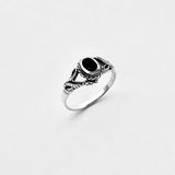 925 Sterling Silver Round Black Onyx Ring With Leaf | Boho Healing Stone Silver Rings