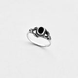 925 Sterling Silver Round Black Onyx Ring With Leaf | Boho Healing Stone Silver Rings