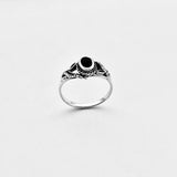 925 Sterling Silver Round Black Onyx Ring With Leaf | Boho Healing Stone Silver Rings