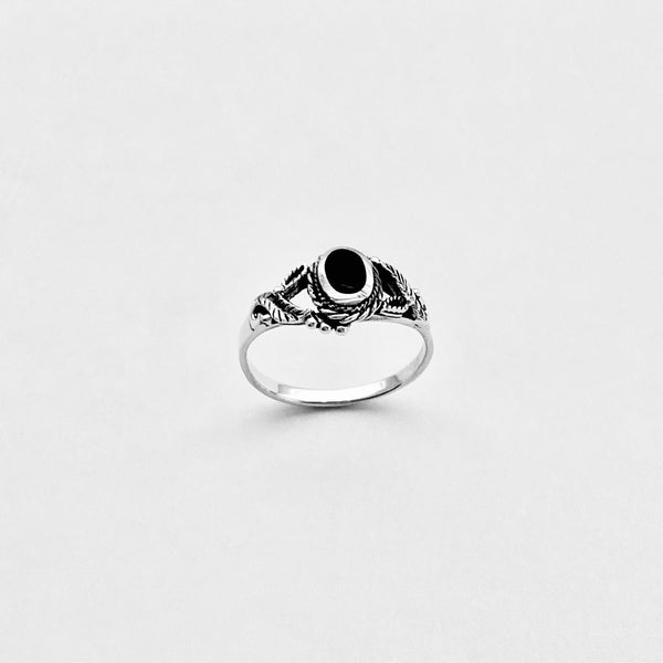 925 Sterling Silver Round Black Onyx Ring With Leaf | Boho Healing Stone Silver Rings