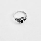 925 Sterling Silver Round Black Onyx Ring With Leaf | Boho Healing Stone Silver Rings