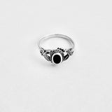 925 Sterling Silver Round Black Onyx Ring With Leaf | Boho Healing Stone Silver Rings
