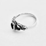 925 Sterling Silver Round Black Onyx Ring With Leaf | Boho Healing Stone Silver Rings