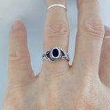 925 Sterling Silver Round Black Onyx Ring With Leaf | Boho Healing Stone Silver Rings