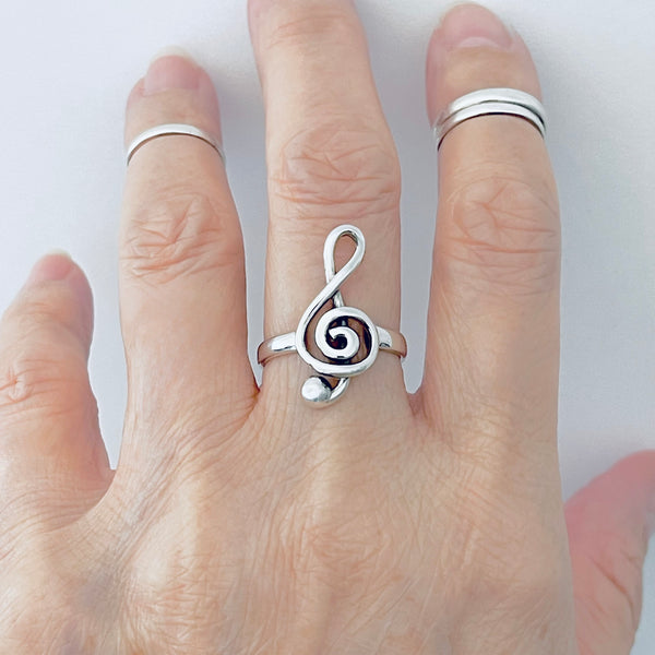 Sterling Silver Large Music Note Ring | Musician Statement Silver Rings