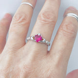 Sterling Silver Ruby CZ Heart Claddagh Ring, Loyalty and Friendship Rings, July Birthstone Ring