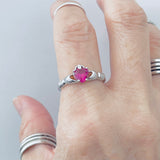 Sterling Silver Ruby CZ Heart Claddagh Ring, Loyalty and Friendship Rings, July Birthstone Ring