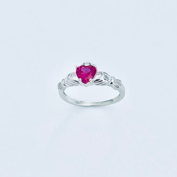 Sterling Silver Ruby CZ Heart Claddagh Ring, Loyalty and Friendship Rings, July Birthstone Ring