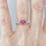 Sterling Silver Ruby CZ Heart Claddagh Ring, Loyalty and Friendship Rings, July Birthstone Ring