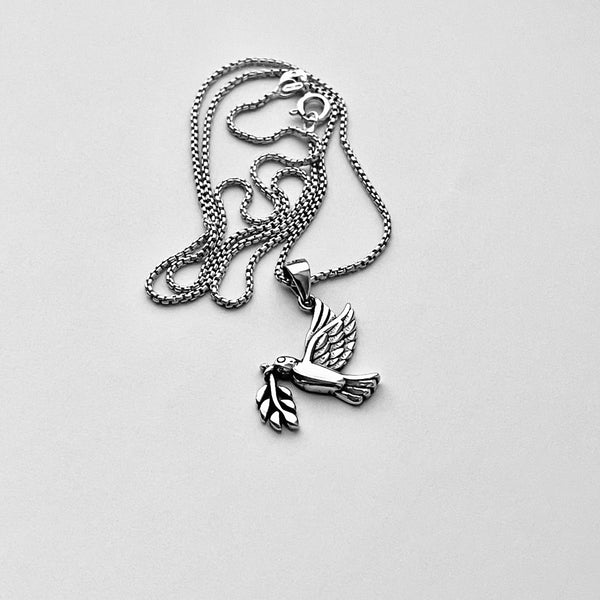 Sterling Silver Olive Branch and Dove Necklace, Silver Bird Chain, Religious Necklaces, Doves
