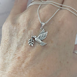 Sterling Silver Olive Branch and Dove Necklace, Silver Bird Chain, Religious Jewelry