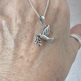 Sterling Silver Olive Branch and Dove Necklace, Silver Bird Chain, Religious Jewelry